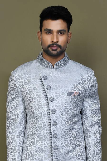 Buy Arihant Rai Sinha Grey Jacquard, Silk Embroidery Flowery Sherwani With Aligadhi Pant Online at Aza Fashions Buy_Arihant Rai Sinha_Grey Jacquard, Silk Embroidery Flowery Sherwani With Aligadhi Pant_Online_at_Aza_Fashions