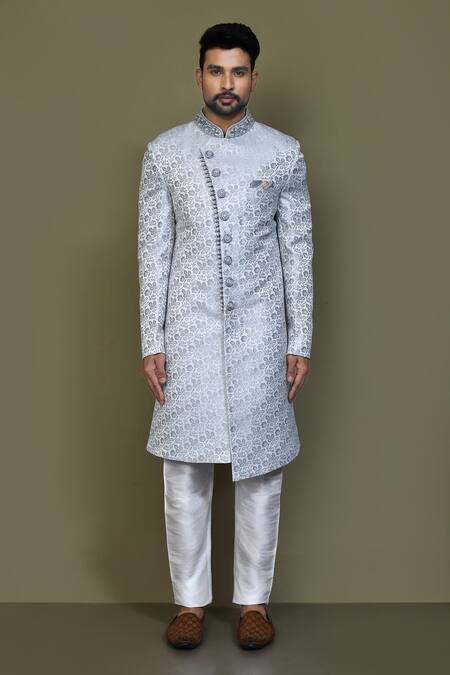 Shop_Arihant Rai Sinha_Grey Jacquard, Silk Embroidery Flowery Sherwani With Aligadhi Pant_Online_at_Aza_Fashions