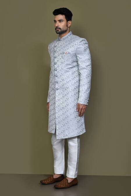 Arihant Rai Sinha_Grey Jacquard, Silk Embroidery Flowery Sherwani With Aligadhi Pant_at_Aza_Fashions