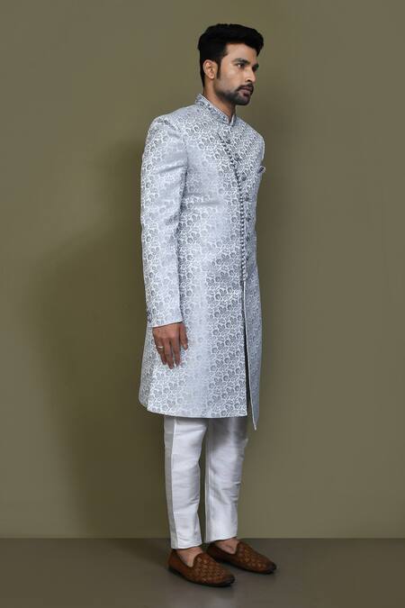 Buy_Arihant Rai Sinha_Grey Jacquard, Silk Embroidery Flowery Sherwani With Aligadhi Pant
