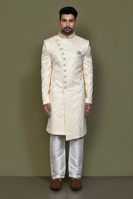 Buy_Arihant Rai Sinha_Gold Jacquard, Silk Embroidery Flora Garden Sherwani With Aligadhi Pant _Online_at_Aza_Fashions