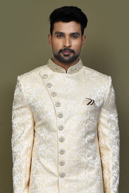 Shop_Arihant Rai Sinha_Gold Jacquard, Silk Embroidery Flora Garden Sherwani With Aligadhi Pant _Online_at_Aza_Fashions