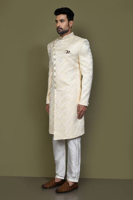 Arihant Rai Sinha_Gold Jacquard, Silk Embroidery Flora Garden Sherwani With Aligadhi Pant _at_Aza_Fashions