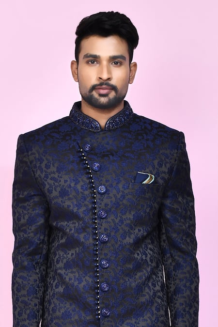 Buy_Arihant Rai Sinha_Blue Jacquard, Silk Embroidery Midnight Garden Sherwani With Aligadhi Pant _Online_at_Aza_Fashions