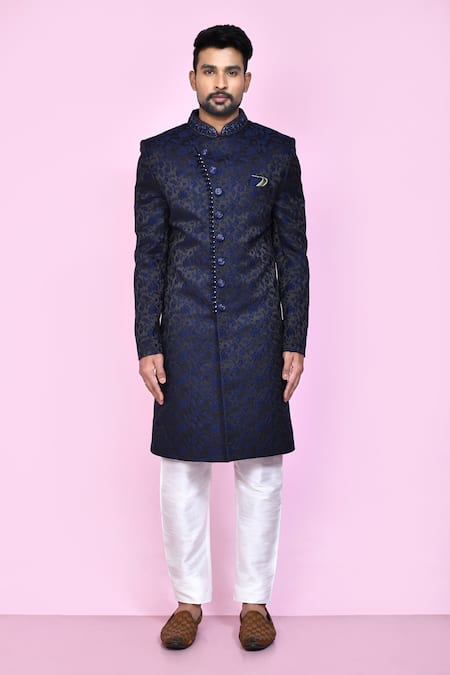Shop_Arihant Rai Sinha_Blue Jacquard, Silk Embroidery Midnight Garden Sherwani With Aligadhi Pant _Online_at_Aza_Fashions