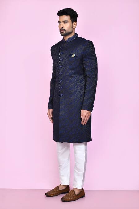 Arihant Rai Sinha_Blue Jacquard, Silk Embroidery Midnight Garden Sherwani With Aligadhi Pant _at_Aza_Fashions