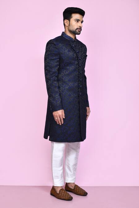 Buy_Arihant Rai Sinha_Blue Jacquard, Silk Embroidery Midnight Garden Sherwani With Aligadhi Pant 
