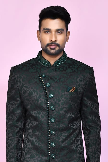 Buy Arihant Rai Sinha Green Jacquard, Silk Embroidery Musk Flora Sherwani With Aligadhi Pant Online at Aza Fashions Buy_Arihant Rai Sinha_Green Jacquard, Silk Embroidery Musk Flora Sherwani With Aligadhi Pant _Online_at_Aza_Fashions