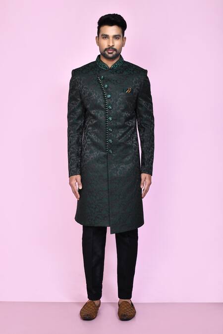 Shop_Arihant Rai Sinha_Green Jacquard, Silk Embroidery Musk Flora Sherwani With Aligadhi Pant _Online_at_Aza_Fashions