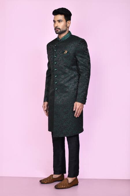Arihant Rai Sinha_Green Jacquard, Silk Embroidery Musk Flora Sherwani With Aligadhi Pant _at_Aza_Fashions