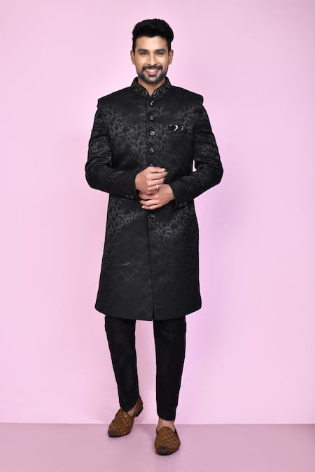 Aryavir Malhotra Black Sherwani Imported Jaquard Silk Night Bloom With Aligadhi Pant