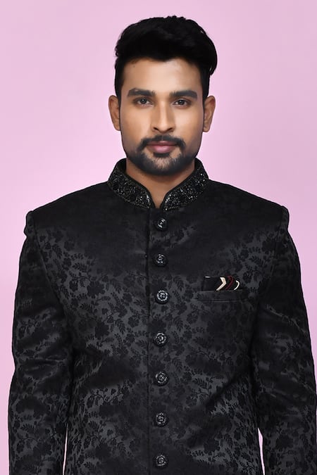 Buy_Arihant Rai Sinha_Black Jacquard, Silk Embroidery Night Bloom Sherwani With Aligadhi Pant _Online_at_Aza_Fashions