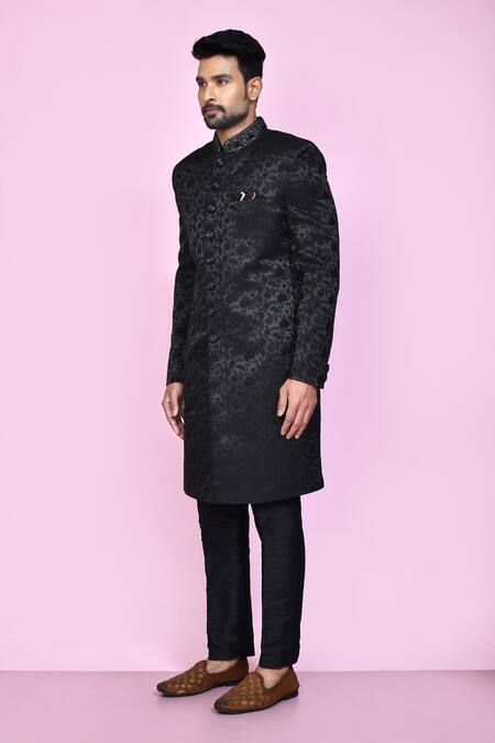 Shop_Arihant Rai Sinha_Black Jacquard, Silk Embroidery Night Bloom Sherwani With Aligadhi Pant _Online_at_Aza_Fashions
