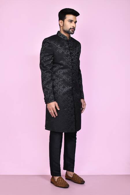 Arihant Rai Sinha Black Jacquard, Silk Embroidery Night Bloom Sherwani With Aligadhi Pant at Aza Fashions Arihant Rai Sinha_Black Jacquard, Silk Embroidery Night Bloom Sherwani With Aligadhi Pant _at_Aza_Fashions