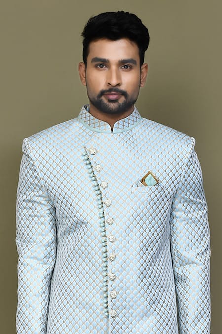 Buy Arihant Rai Sinha Blue Jacquard, Silk, Chanderi Persian Jaal Pattern Sherwani With Aligadhi Pant Online at Aza Fashions Buy_Arihant Rai Sinha_Blue Jacquard, Silk, Chanderi Persian Jaal Pattern Sherwani With Aligadhi Pant _Online_at_Aza_Fashions