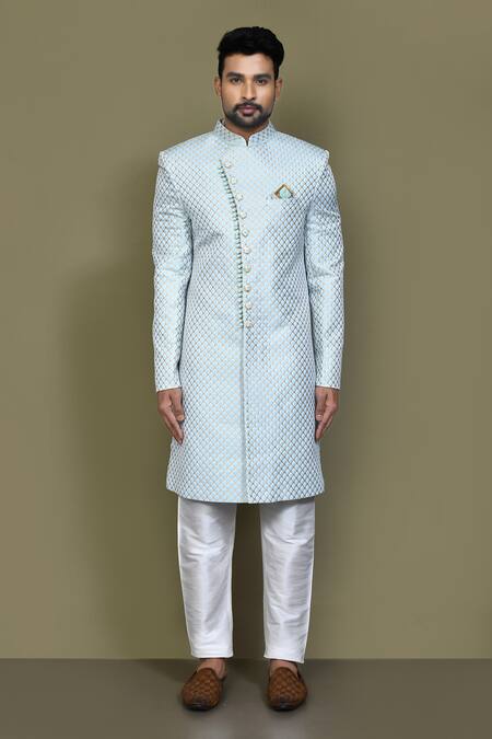 Shop_Arihant Rai Sinha_Blue Jacquard, Silk, Chanderi Persian Jaal Pattern Sherwani With Aligadhi Pant _Online_at_Aza_Fashions
