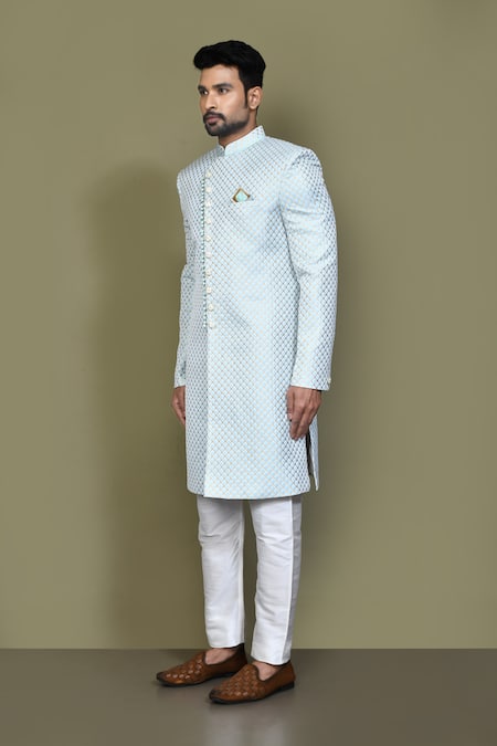 Arihant Rai Sinha_Blue Jacquard, Silk, Chanderi Persian Jaal Pattern Sherwani With Aligadhi Pant _at_Aza_Fashions