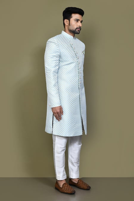 Buy_Arihant Rai Sinha_Blue Jacquard, Silk, Chanderi Persian Jaal Pattern Sherwani With Aligadhi Pant 