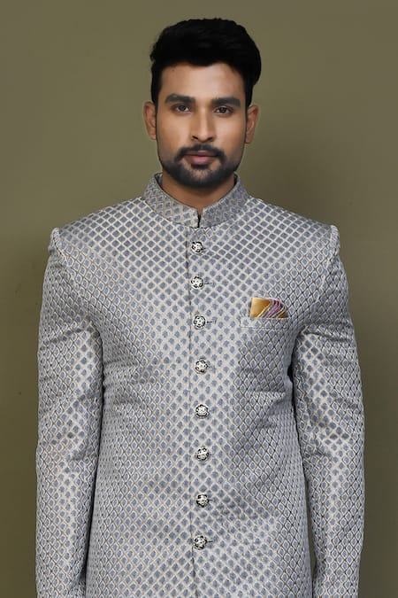 Buy_Arihant Rai Sinha_Grey Jacquard, Silk Sheesh Mahal Pattern Sherwani With Aligadhi Pant _Online_at_Aza_Fashions