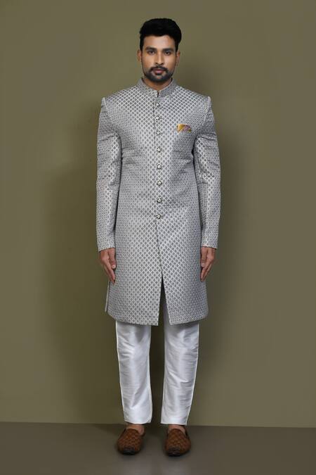 Shop_Arihant Rai Sinha_Grey Jacquard, Silk Sheesh Mahal Pattern Sherwani With Aligadhi Pant _Online_at_Aza_Fashions