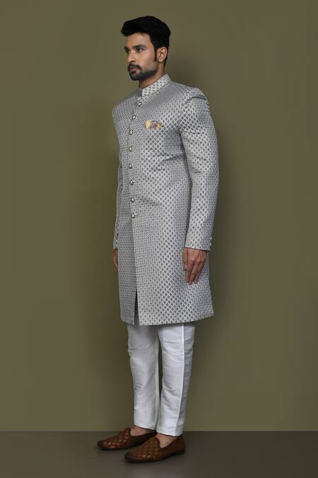 Arihant Rai Sinha_Grey Jacquard, Silk Sheesh Mahal Pattern Sherwani With Aligadhi Pant _at_Aza_Fashions