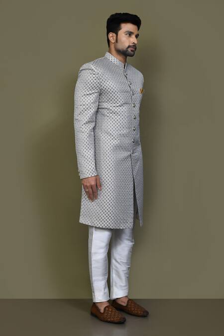 Buy_Arihant Rai Sinha_Grey Jacquard, Silk Sheesh Mahal Pattern Sherwani With Aligadhi Pant 