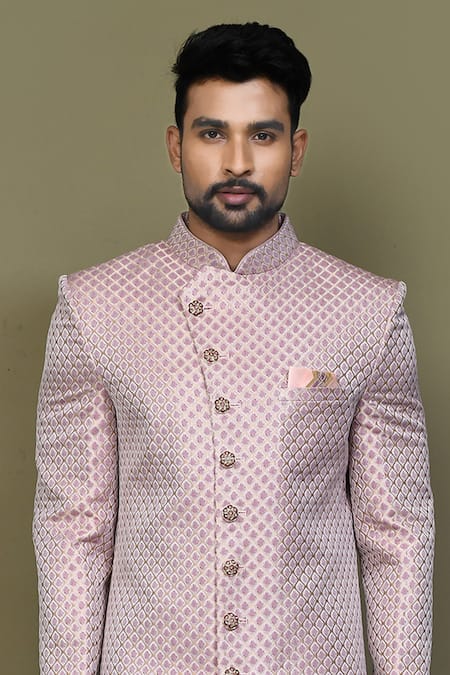 Buy_Arihant Rai Sinha_Pink Jacquard, Silk Embroidery Mahal Pattern Sherwani With Aligadhi Pant _Online_at_Aza_Fashions