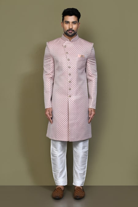 Shop_Arihant Rai Sinha_Pink Jacquard, Silk Embroidery Mahal Pattern Sherwani With Aligadhi Pant _Online_at_Aza_Fashions