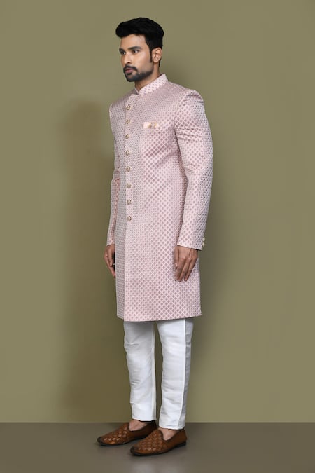 Arihant Rai Sinha_Pink Jacquard, Silk Embroidery Mahal Pattern Sherwani With Aligadhi Pant _at_Aza_Fashions