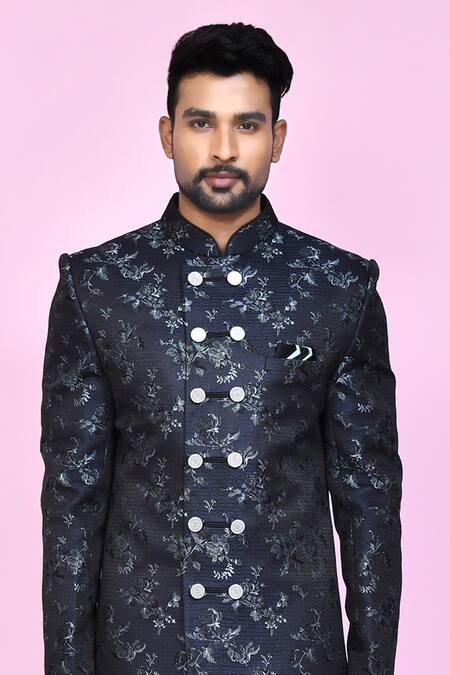 Buy Arihant Rai Sinha Blue Jacquard, Silk Embroidery Fleur Bloom Sherwani With Aligadhi Pant Online at Aza Fashions Buy_Arihant Rai Sinha_Blue Jacquard, Silk Embroidery Fleur Bloom Sherwani With Aligadhi Pant _Online_at_Aza_Fashions