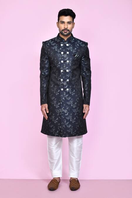 Shop_Arihant Rai Sinha_Blue Jacquard, Silk Embroidery Fleur Bloom Sherwani With Aligadhi Pant _Online_at_Aza_Fashions