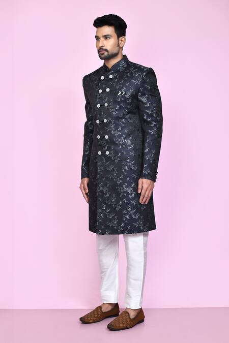 Arihant Rai Sinha_Blue Jacquard, Silk Embroidery Fleur Bloom Sherwani With Aligadhi Pant _at_Aza_Fashions