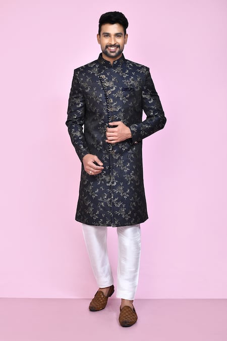 Aryavir Malhotra Black Sherwani Imported Jaquard Silk Bloom Garden With Aligadhi Pant 