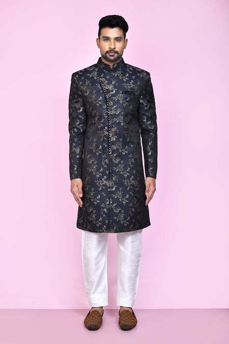 Buy_Arihant Rai Sinha_Black Jacquard, Silk Sequins Bloom Garden Sherwani With Aligadhi Pant _Online_at_Aza_Fashions