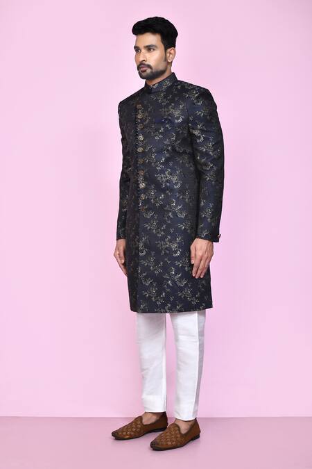 Shop_Arihant Rai Sinha_Black Jacquard, Silk Sequins Bloom Garden Sherwani With Aligadhi Pant _Online_at_Aza_Fashions
