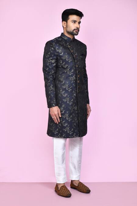 Arihant Rai Sinha_Black Jacquard, Silk Sequins Bloom Garden Sherwani With Aligadhi Pant _at_Aza_Fashions