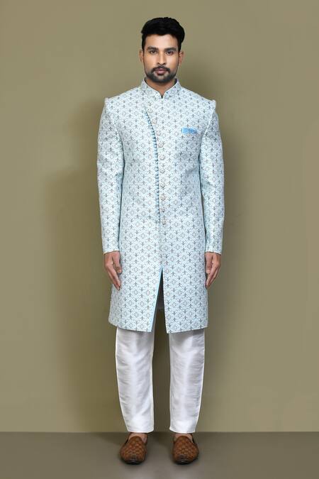 Buy_Arihant Rai Sinha_Blue Jacquard, Silk Embroidery Geometric Woven Sherwani Set _Online_at_Aza_Fashions