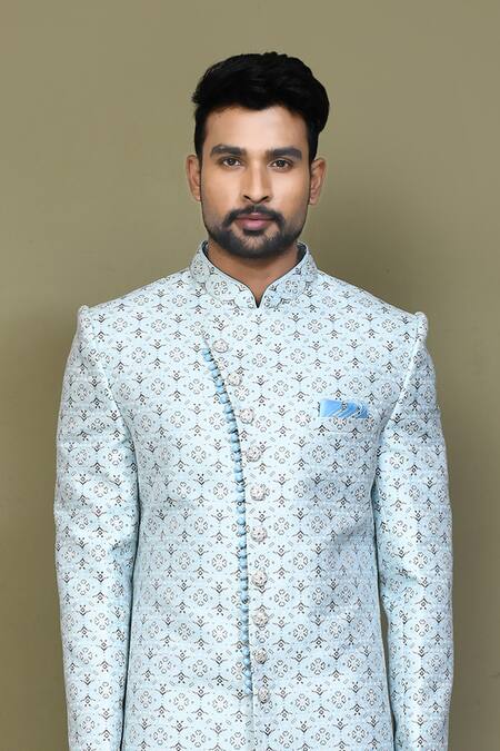 Shop Arihant Rai Sinha Blue Jacquard, Silk Embroidery Geometric Woven Sherwani Set Online at Aza Fashions Shop_Arihant Rai Sinha_Blue Jacquard, Silk Embroidery Geometric Woven Sherwani Set _Online_at_Aza_Fashions