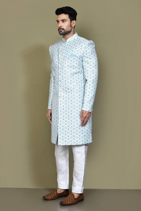 Arihant Rai Sinha_Blue Jacquard, Silk Embroidery Geometric Woven Sherwani Set _at_Aza_Fashions