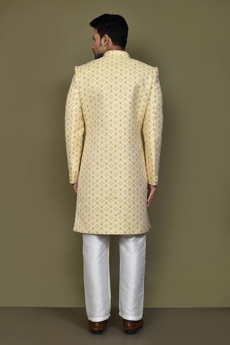 Shop_Arihant Rai Sinha_Yellow Silk Embroidery Floral Woven Sherwani Set _at_Aza_Fashions
