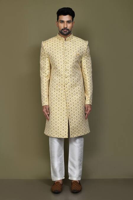 Buy_Arihant Rai Sinha_Yellow Silk Embroidery Floral Woven Sherwani Set _Online_at_Aza_Fashions