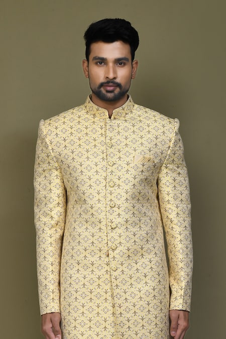 Shop Arihant Rai Sinha Yellow Silk Embroidery Floral Woven Sherwani Set Online at Aza Fashions Shop_Arihant Rai Sinha_Yellow Silk Embroidery Floral Woven Sherwani Set _Online_at_Aza_Fashions