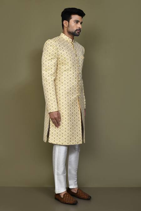 Arihant Rai Sinha_Yellow Silk Embroidery Floral Woven Sherwani Set _at_Aza_Fashions