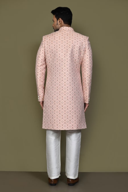 Shop_Arihant Rai Sinha_Blue Silk Checkered Woven Sherwani Set _at_Aza_Fashions