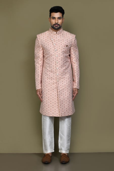 Buy_Arihant Rai Sinha_Blue Silk Checkered Woven Sherwani Set _Online_at_Aza_Fashions