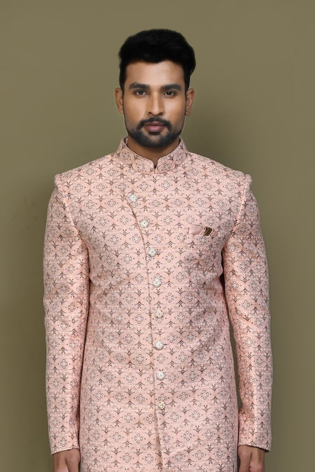 Shop Arihant Rai Sinha Blue Silk Checkered Woven Sherwani Set Online at Aza Fashions Shop_Arihant Rai Sinha_Blue Silk Checkered Woven Sherwani Set _Online_at_Aza_Fashions