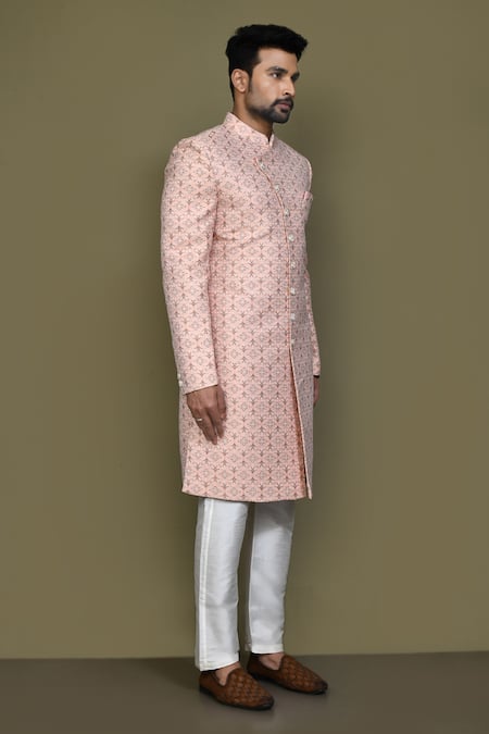 Arihant Rai Sinha_Blue Silk Checkered Woven Sherwani Set _at_Aza_Fashions