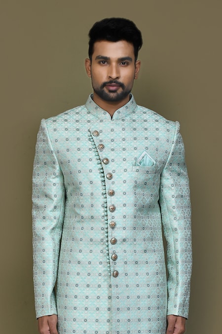 Shop_Arihant Rai Sinha_Blue Silk Embroidery Flower Woven Sherwani Set _Online_at_Aza_Fashions