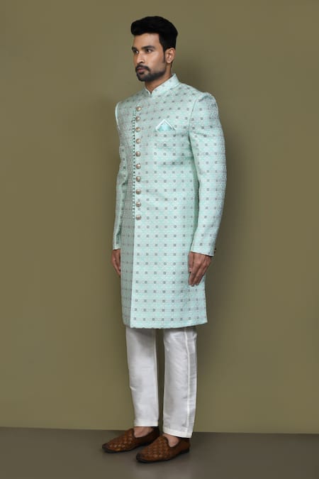 Arihant Rai Sinha_Blue Silk Embroidery Flower Woven Sherwani Set _at_Aza_Fashions