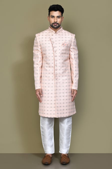 Buy_Arihant Rai Sinha_Blue Silk Embroidery Florette Woven Sherwani Set _Online_at_Aza_Fashions